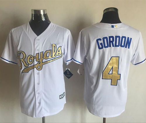 Royals #4 Alex Gordon White New Cool Base 2015 World Series Champions Gold Program Stitched MLB Jersey - Click Image to Close